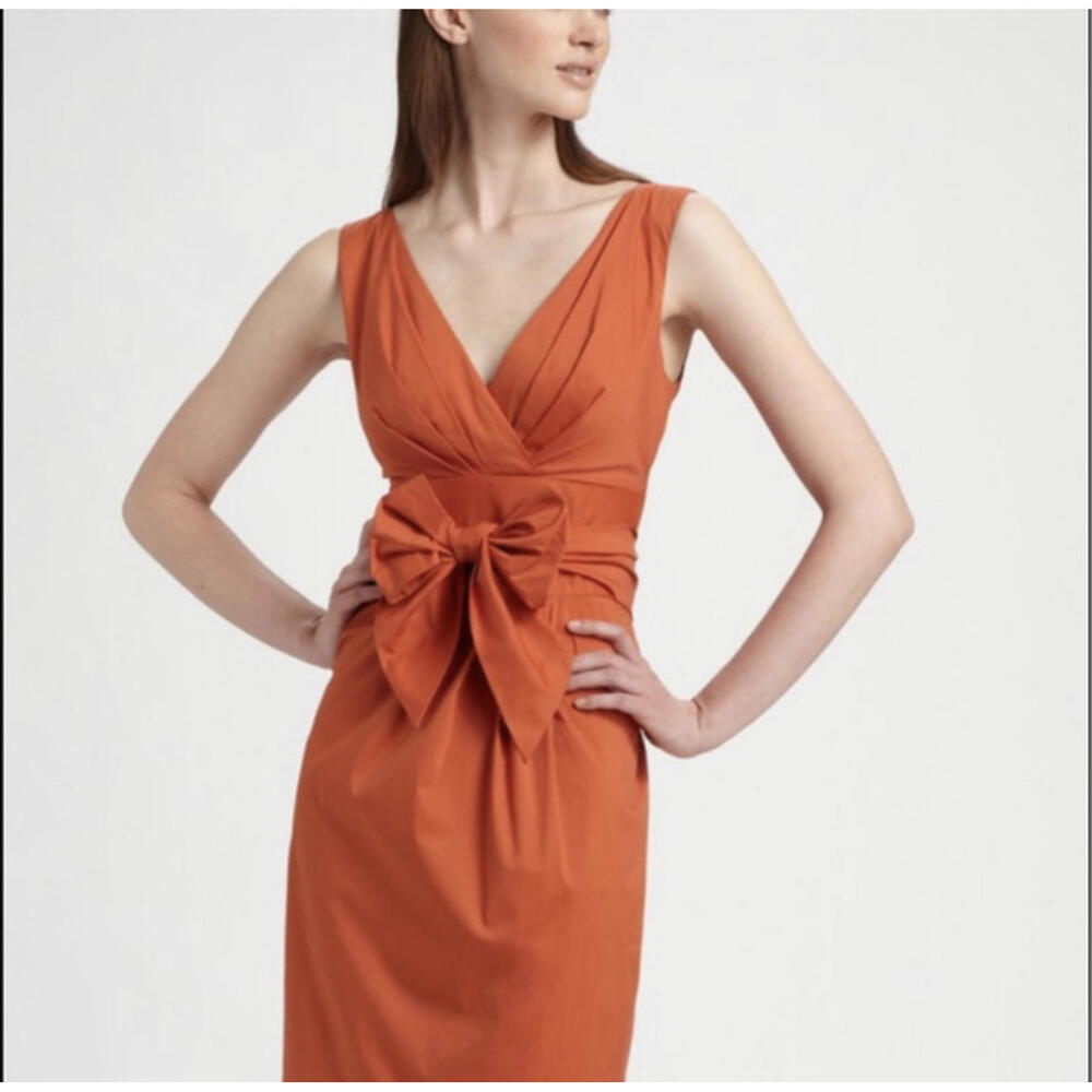 MAX MARA orange tie waist V-neck pleated dress sz 8